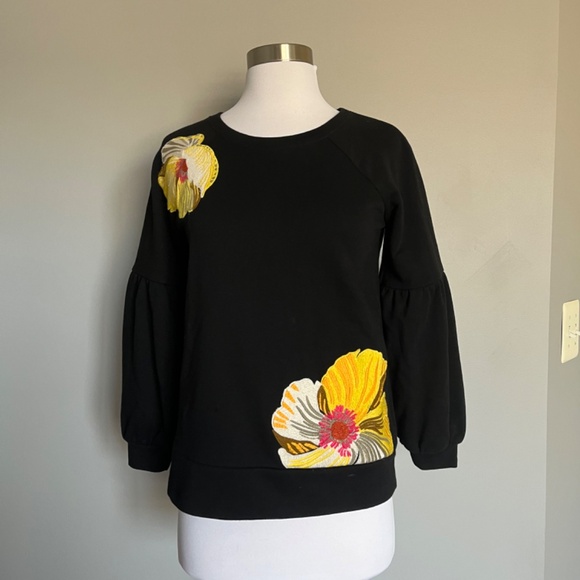 KAREN MILLEN Floral Embroidered Black Casual Cotton Balloo Sleeve Sweatshirt Top - Picture 11 of 16